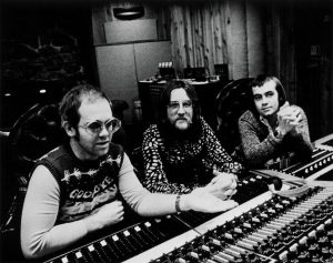 Elton John, producer Gus Dudgeon and lyricist Bernie Taupin in the Caribou Ranch studio